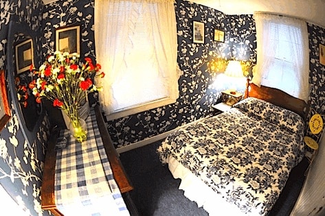 A cozy bedroom features a floral wallpaper design and a spacious bed covered with a patterned quilt. Natural light filters through the sheer curtains, illuminating a nightstand and a dresser adorned with a vase of fresh flowers, enhancing the room's inviting ambiance.