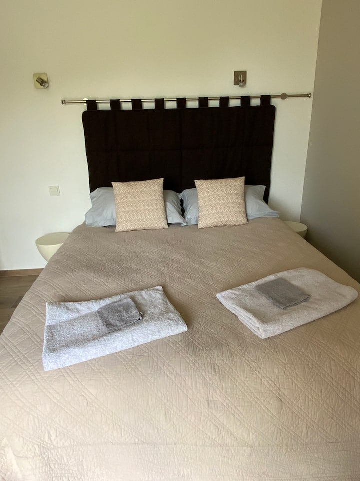 Dormitorio principal: cama 160x200, armario, puerta de ventana con vistas al jardín.
Dormitorio principal: cama tamaño queen, armarios, puertas francesas que conducen al jardín.