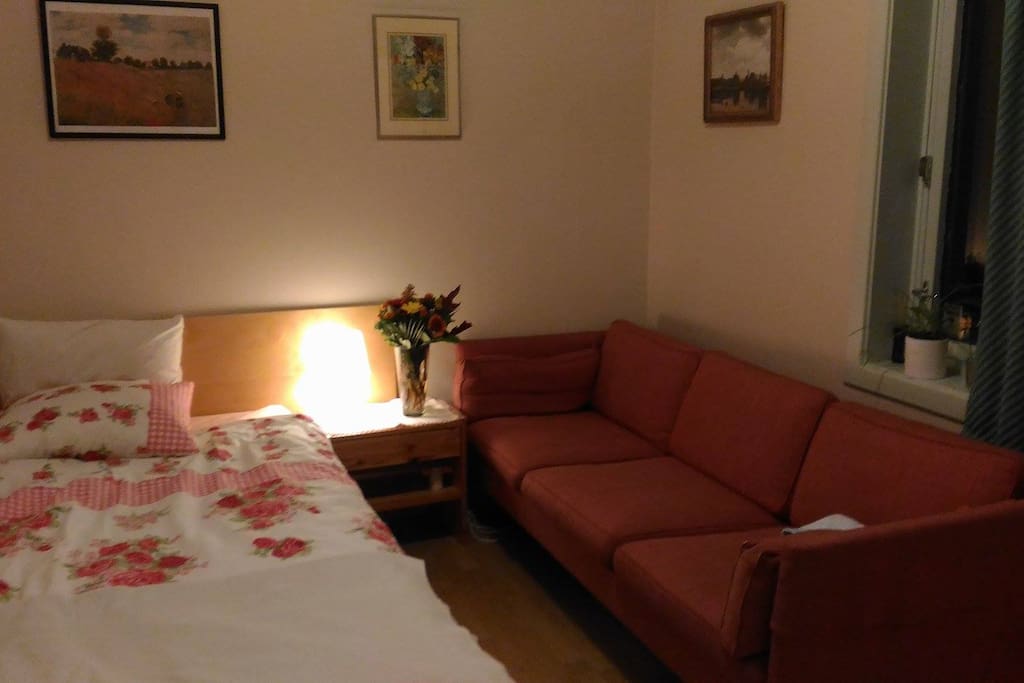 The bed room has a 140 cm bed and a 3 seats sofa.
