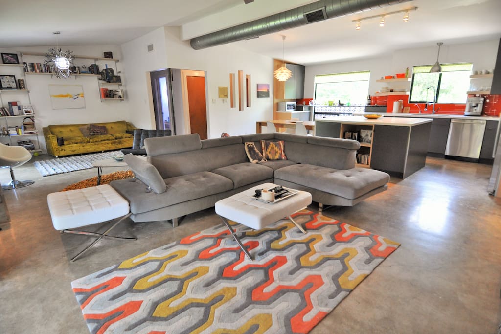 Main Shared Space and Library (two couches) and Lounge. Shared front door Entrance- but other quarters and bedrooms are closed off from rest of house.