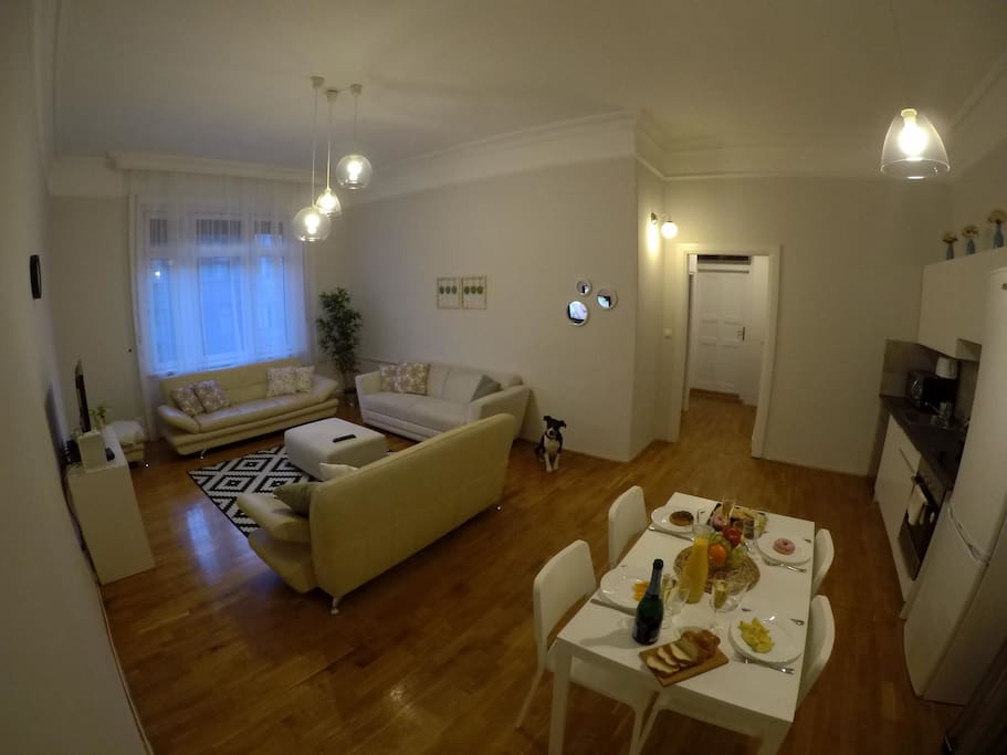 Spacious living room with the dining table and the kitchen at night