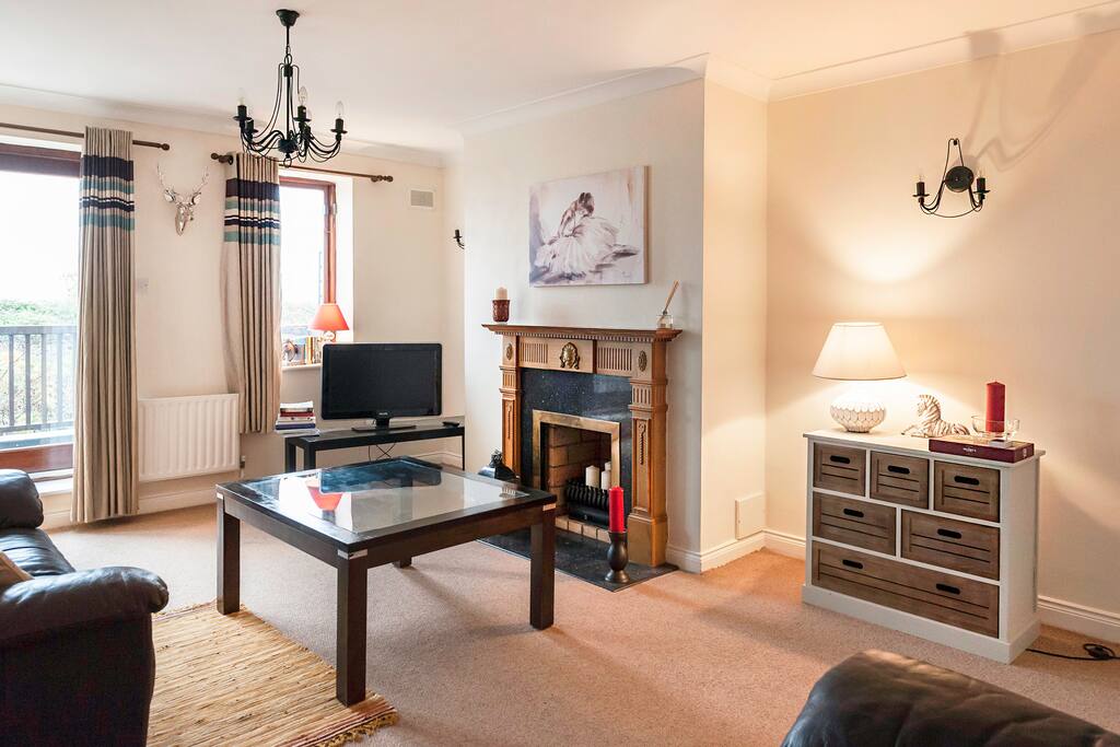 Living room is equipped with two comfy sofas and includes Wi-Fi & Sky TV. There are also books available to read as well as some puzzles. In addition, the balcony just off the living room lends itself to exquisite sunsets over Malahide estuary.
