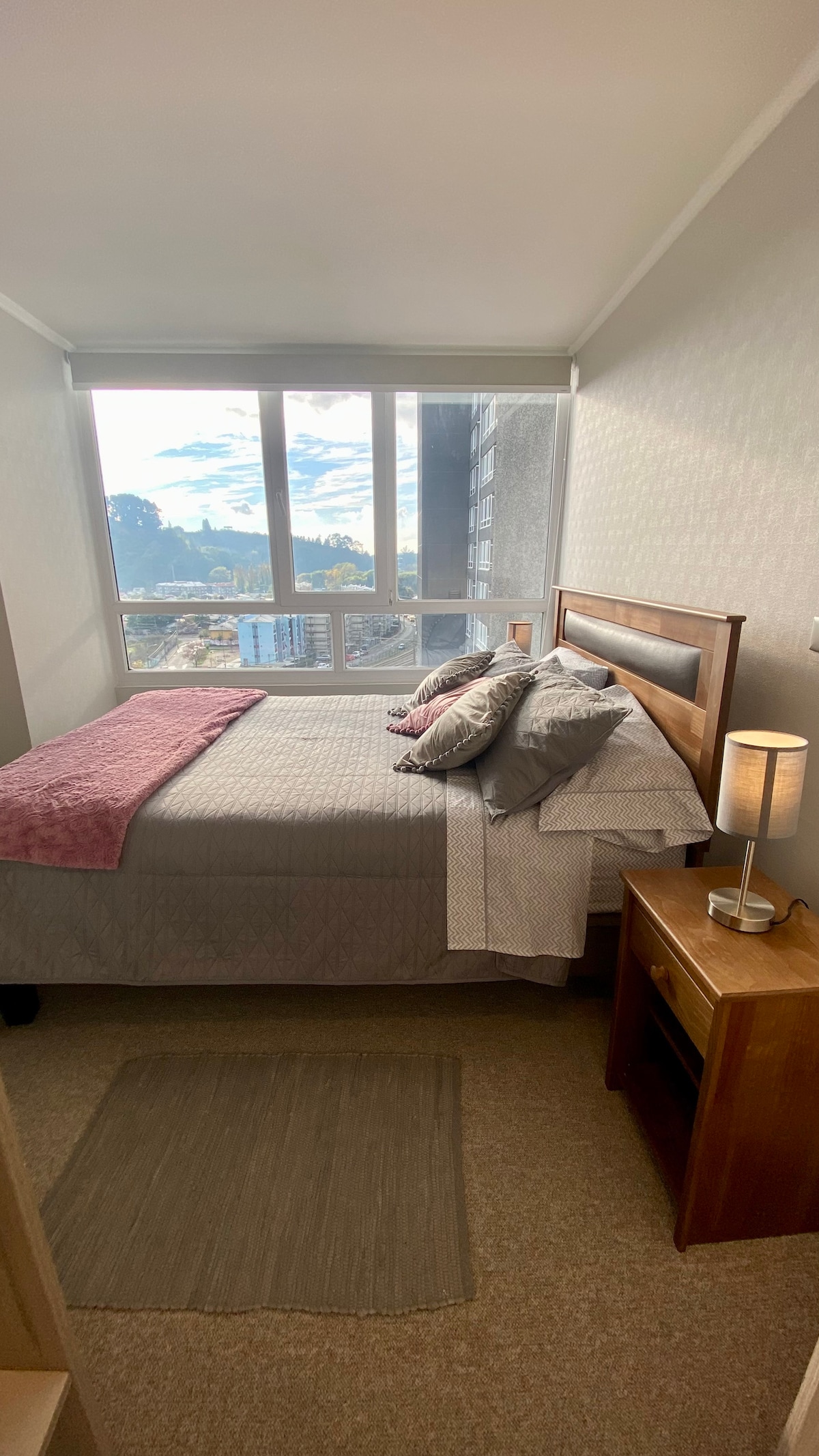 A bright bedroom features large windows allowing natural light to fill the space. A spacious bed is dressed with soft linens and several pillows. A bedside table with a lamp is positioned next to the bed, and a small area rug is placed on the floor.