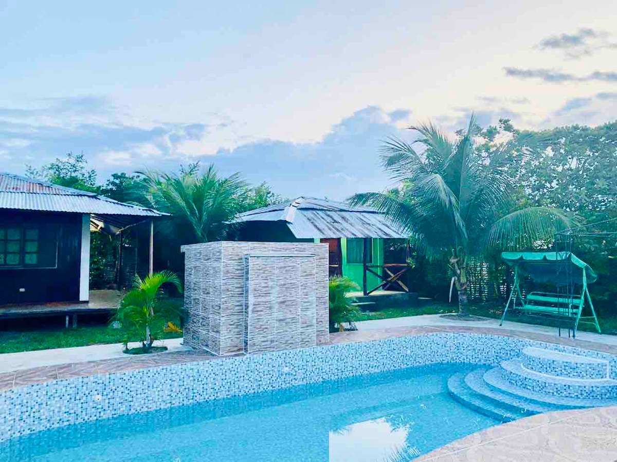 A serene outdoor space features a clear blue pool surrounded by a tiled patio. Lush greenery and palm trees are present, creating a natural environment. Nearby, colorful cabins with metal roofs are visible, complementing the tranquil setting.