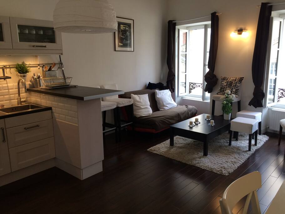 Salon très bien éclairé + cuisine américaine.