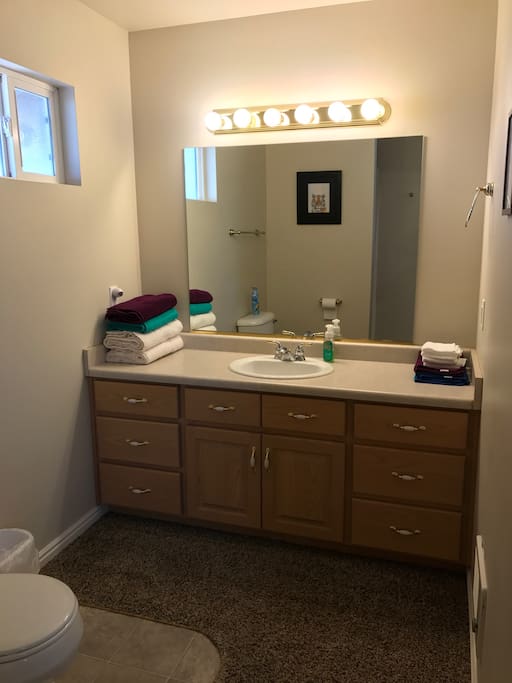 Bathroom vanity and sink area.