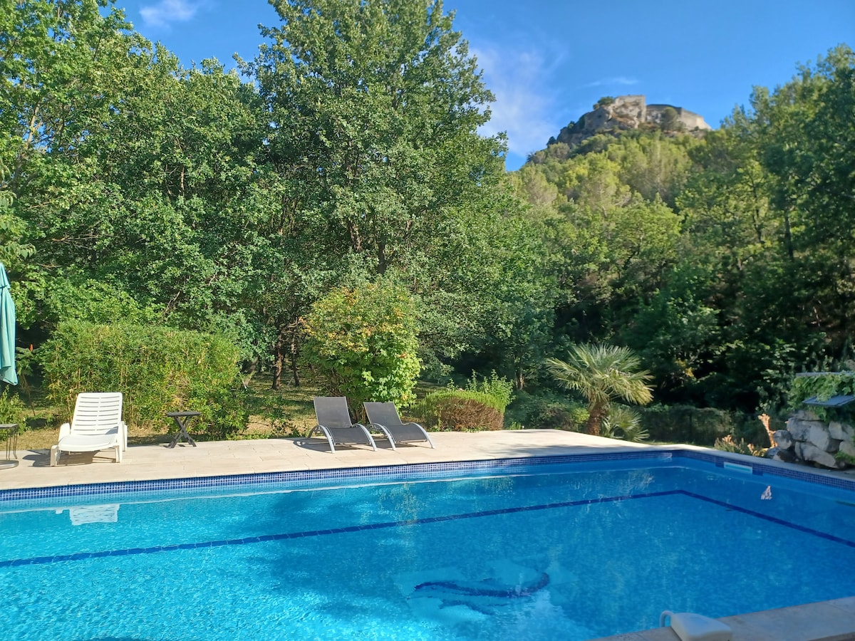 A clear, inviting swimming pool reflects the blue sky, surrounded by lush greenery and mature trees. Two loungers are positioned nearby, providing space for relaxation. A rocky hill is visible in the background, enhancing the natural scenery.