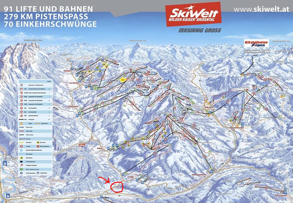 Plattegrond skigebied. Het huis ligt op steenworp afstand van de lift naar het skigebied (3km).