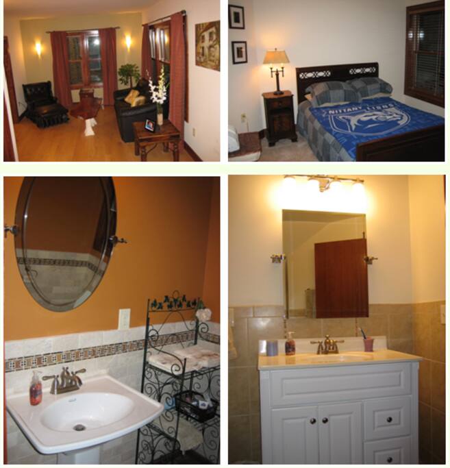 Tiled bathrooms, wood flooring