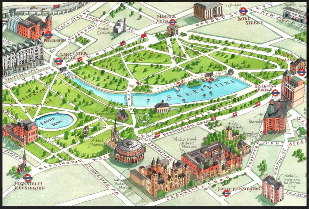 from our place you can cross hyde park and get to knightsbridge / harrods, V&A museum and so on....