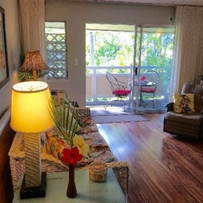 Living room and large lanai connecting to bedroom