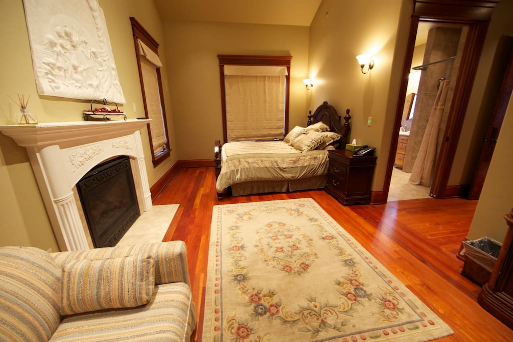 Gas fireplace and electric window blinds.