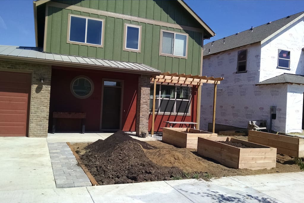 Front of house right after construction. Front yard has landscaping now.