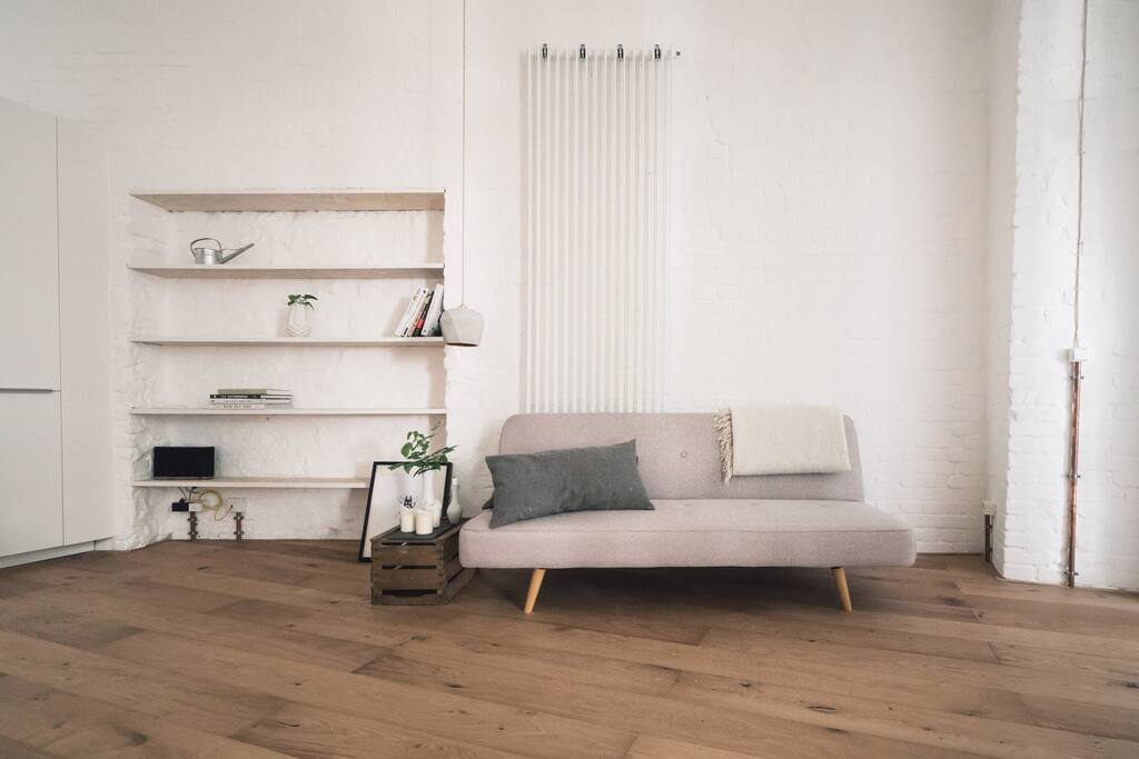 living area with durable oak floor