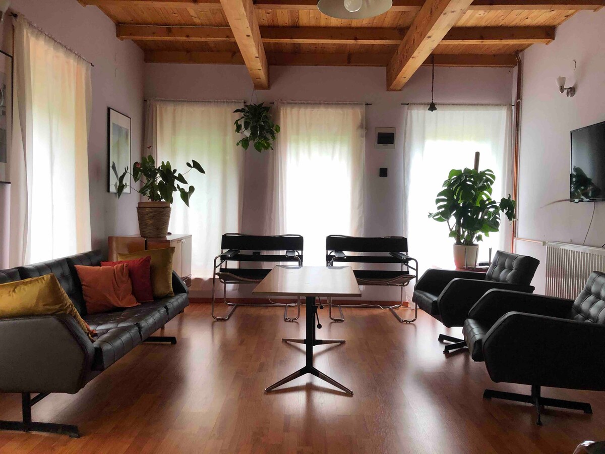 A spacious living area features dark sofas and armchairs arranged around a central table. Large windows are adorned with sheer curtains, allowing natural light to fill the room. Potted plants add a touch of greenery, while wooden beams enhance the ceiling's character.