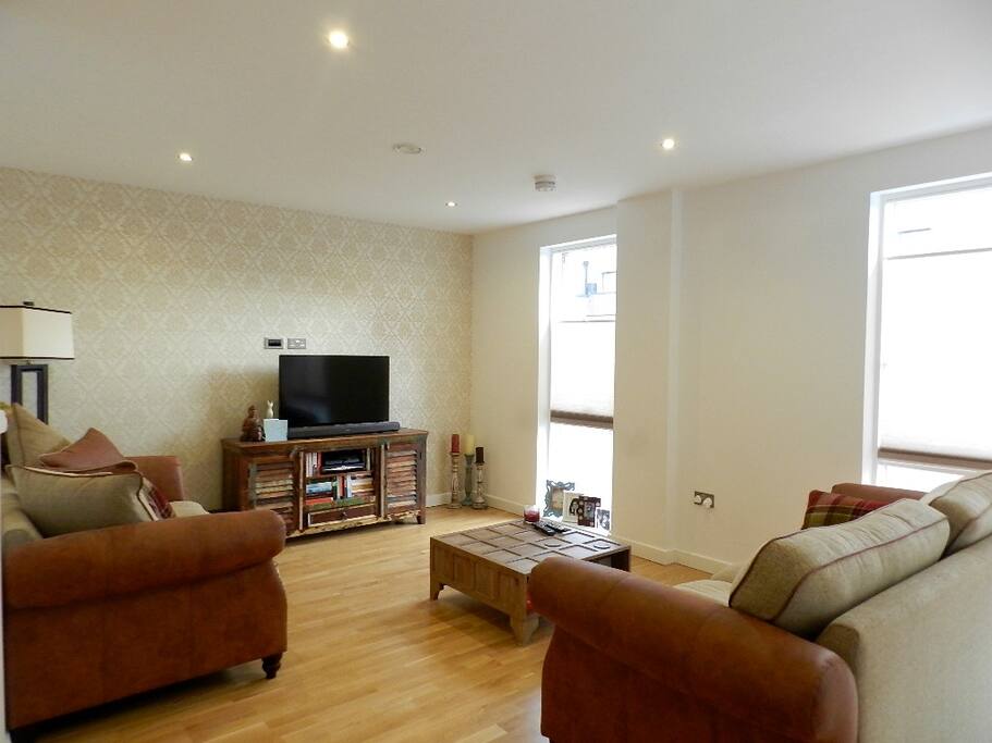 Large open plan living area with large triple glazed windows.