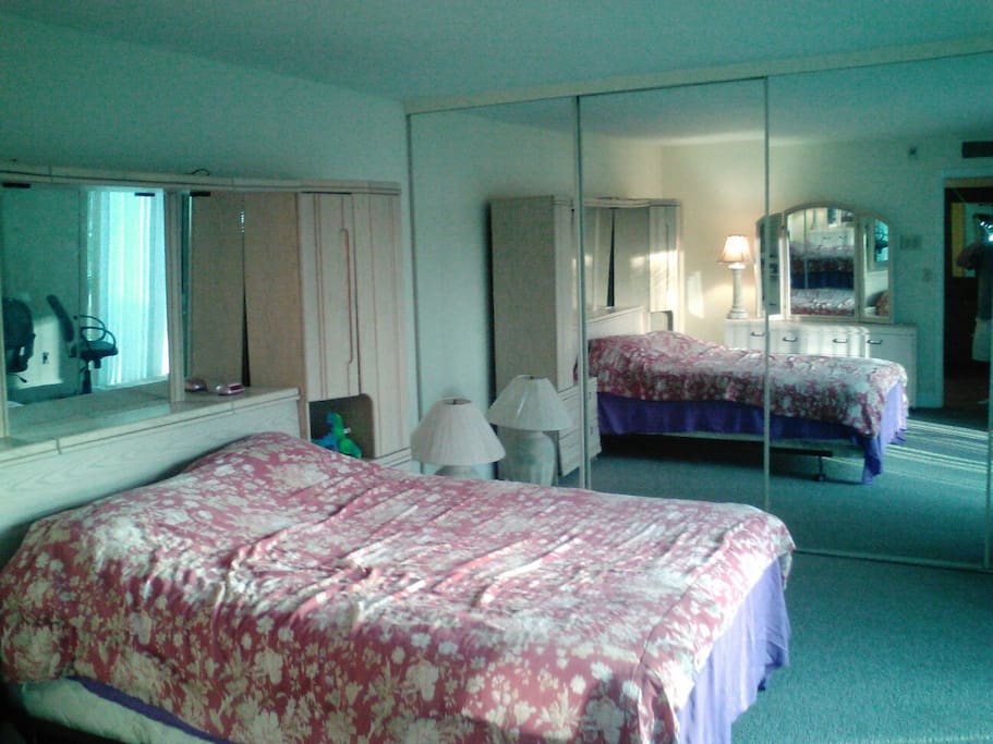 Comfortable Queen Size Bed. Wall to wall mirrored closet