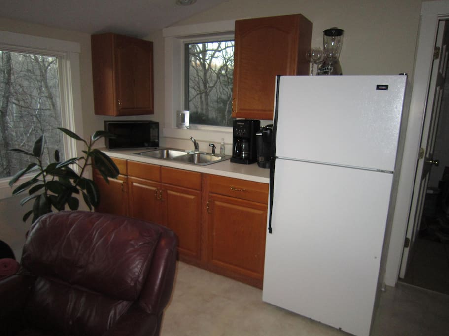 Kitchenette with refrigerator/freezer, coffee maker, microwave and sink.