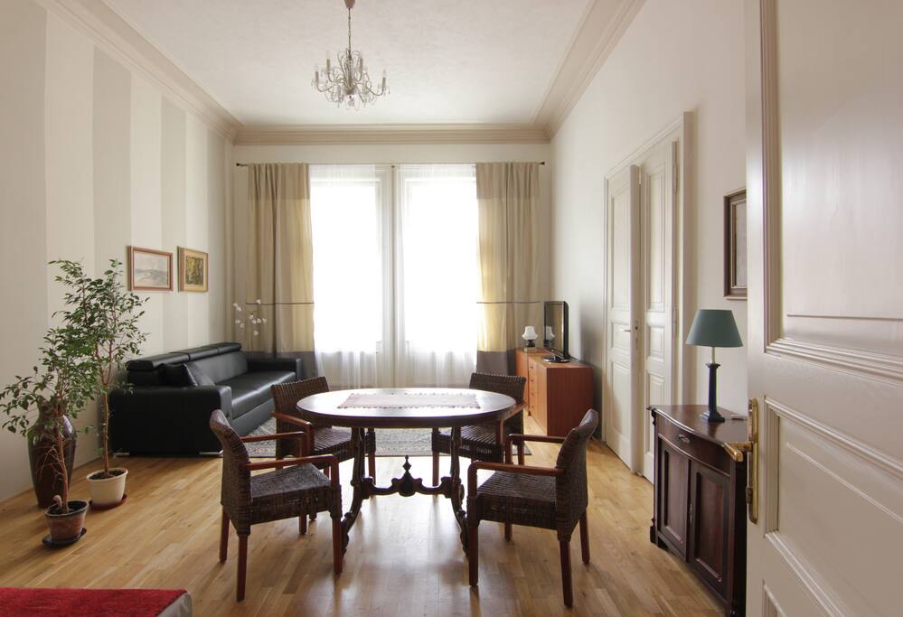 Large window light and bright Great room with antique tile stove