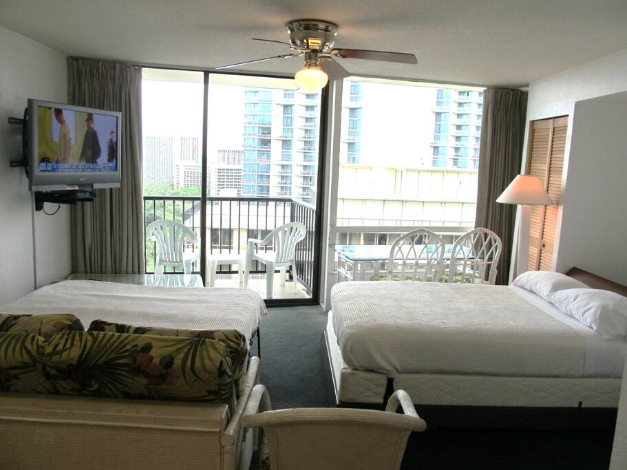 Sofabed on left, murphy bed on right, comfortably sleep 4