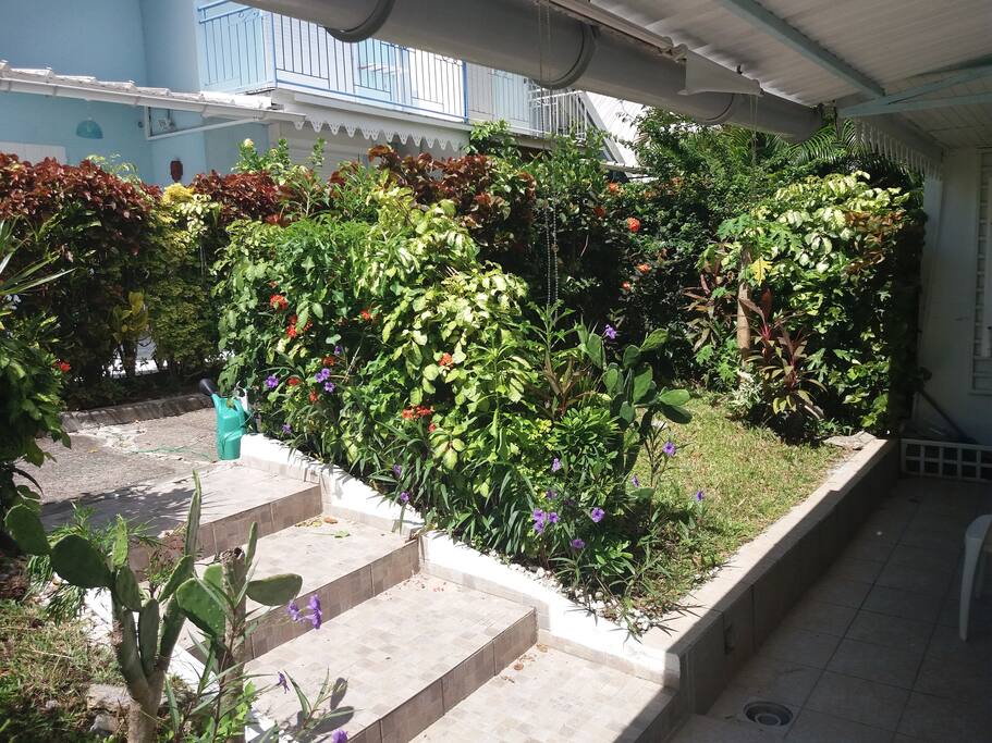 entrée par le jardin privatif fleuri-terrasse privative