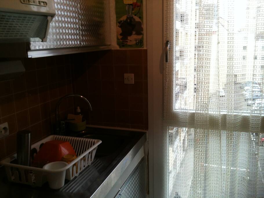 Petite cuisine avec 2 plaques électriques, évier, et plan de travail (non visible sur la photo) avec mini-four et cafetière.