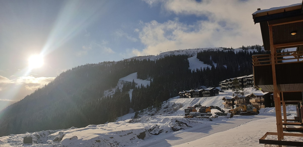 A serene winter landscape features gentle snow-covered slopes and distant wooden structures nestled among trees. Sunlight casts a warm glow over the scene, highlighting the rugged terrain and creating a peaceful atmosphere in the snow-blanketed surroundings.