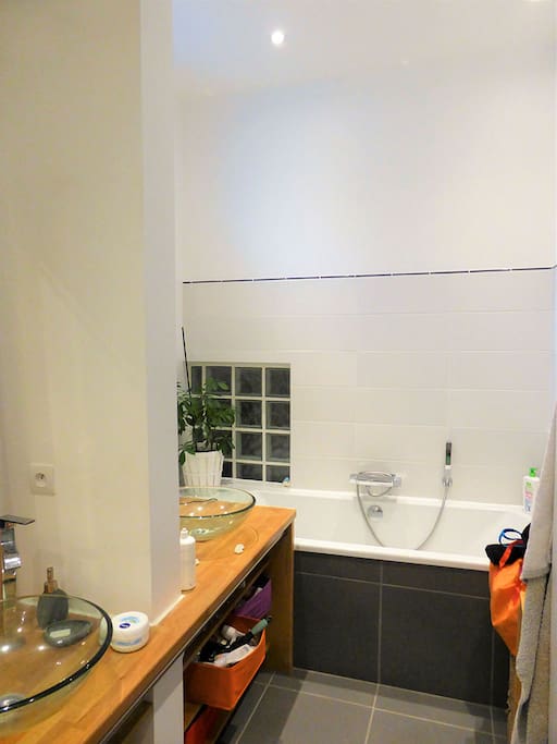 Salle de bains avec douche, baignoire et double vasque.