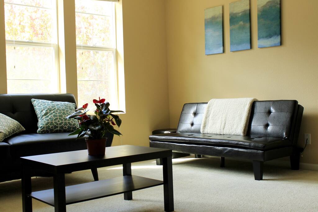 Futon converts into a full-size bed.