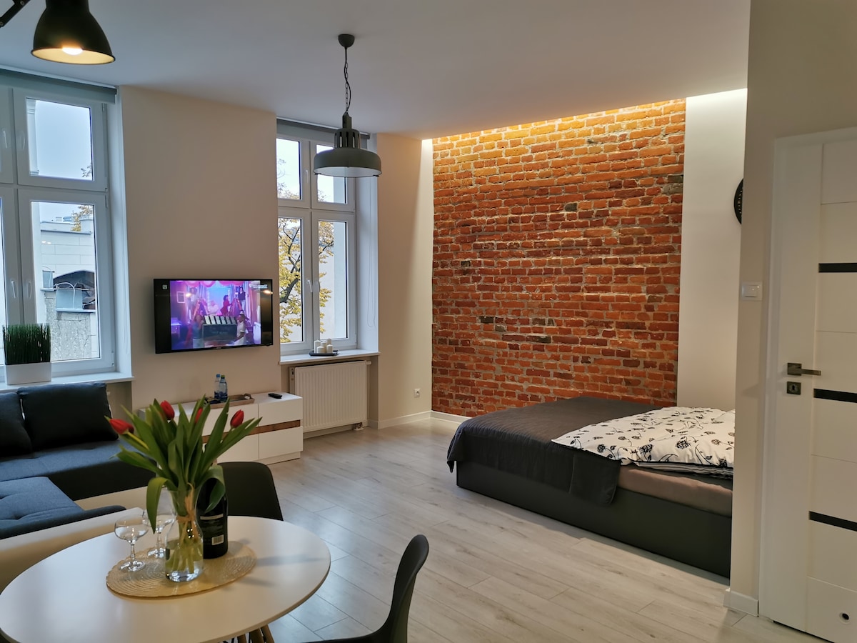 A cozy living area features a stylish sofa opposite a sleek television mounted on the wall. To the side, a spacious bed with a patterned blanket is situated against a striking exposed brick wall. Natural light enters through large windows, highlighting the bright interior.