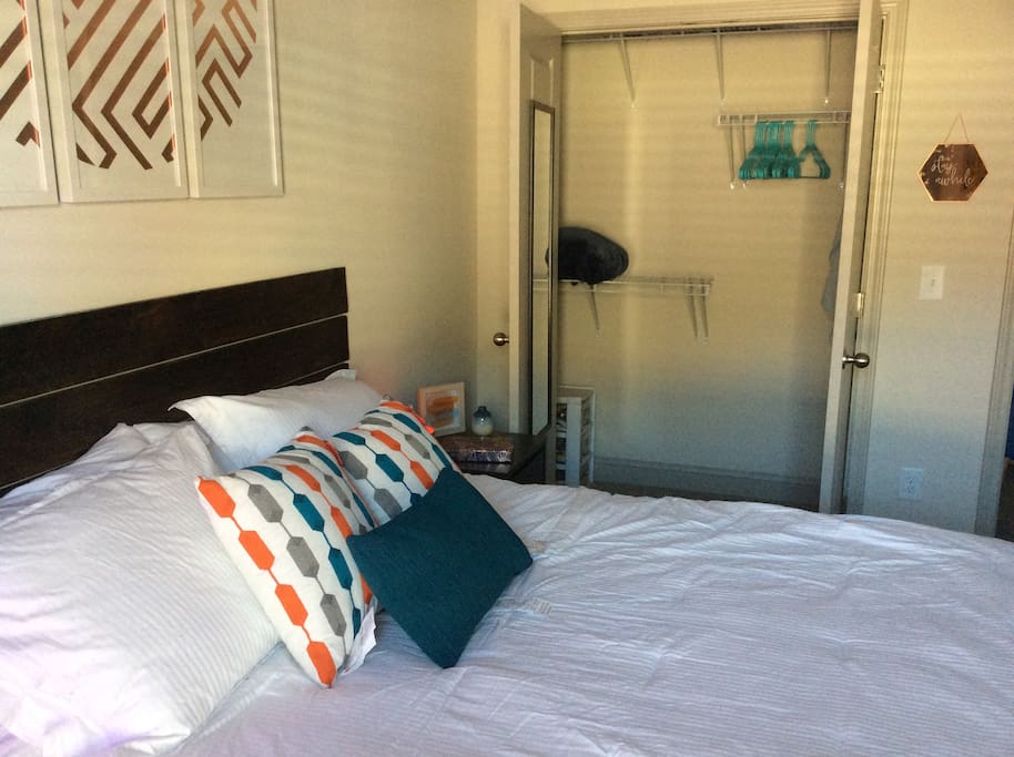 Closet space to hang clothes or store a suitcase. Small fan and extra blanket available if you are too hot or too cold.