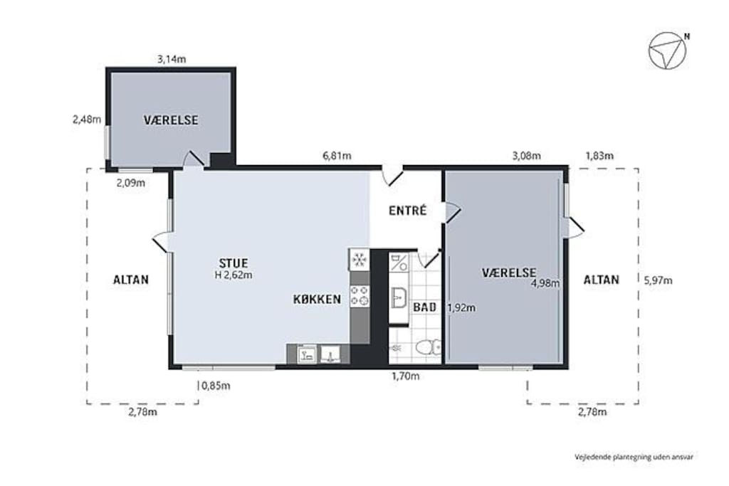 Apartment layout. Guest have the large bedroom. Notice the private terrasse.
