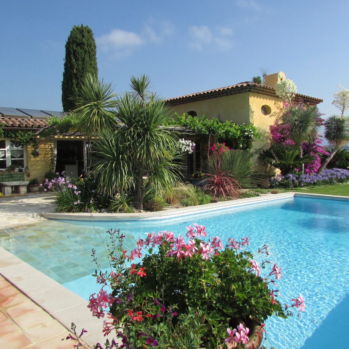 A charming villa is surrounded by a lush garden filled with blooming flowers and palm trees. The inviting swimming pool reflects the clear blue sky, while vibrant potted plants add to the serene atmosphere. The exterior showcases warm-colored walls and a tile roof.