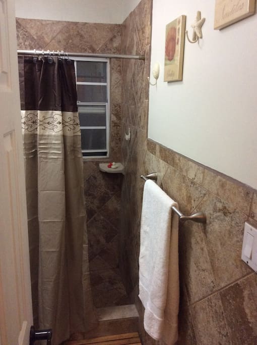 Regadera con tapete antiderrapante en piso interior y exterior