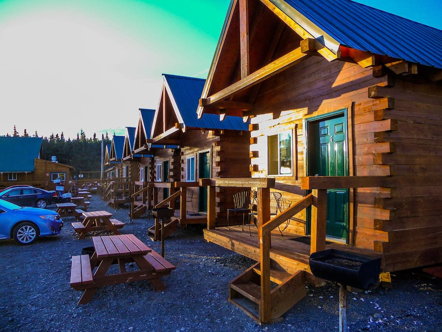 The exterior view of our cabins looking toward the dining room and laundry.