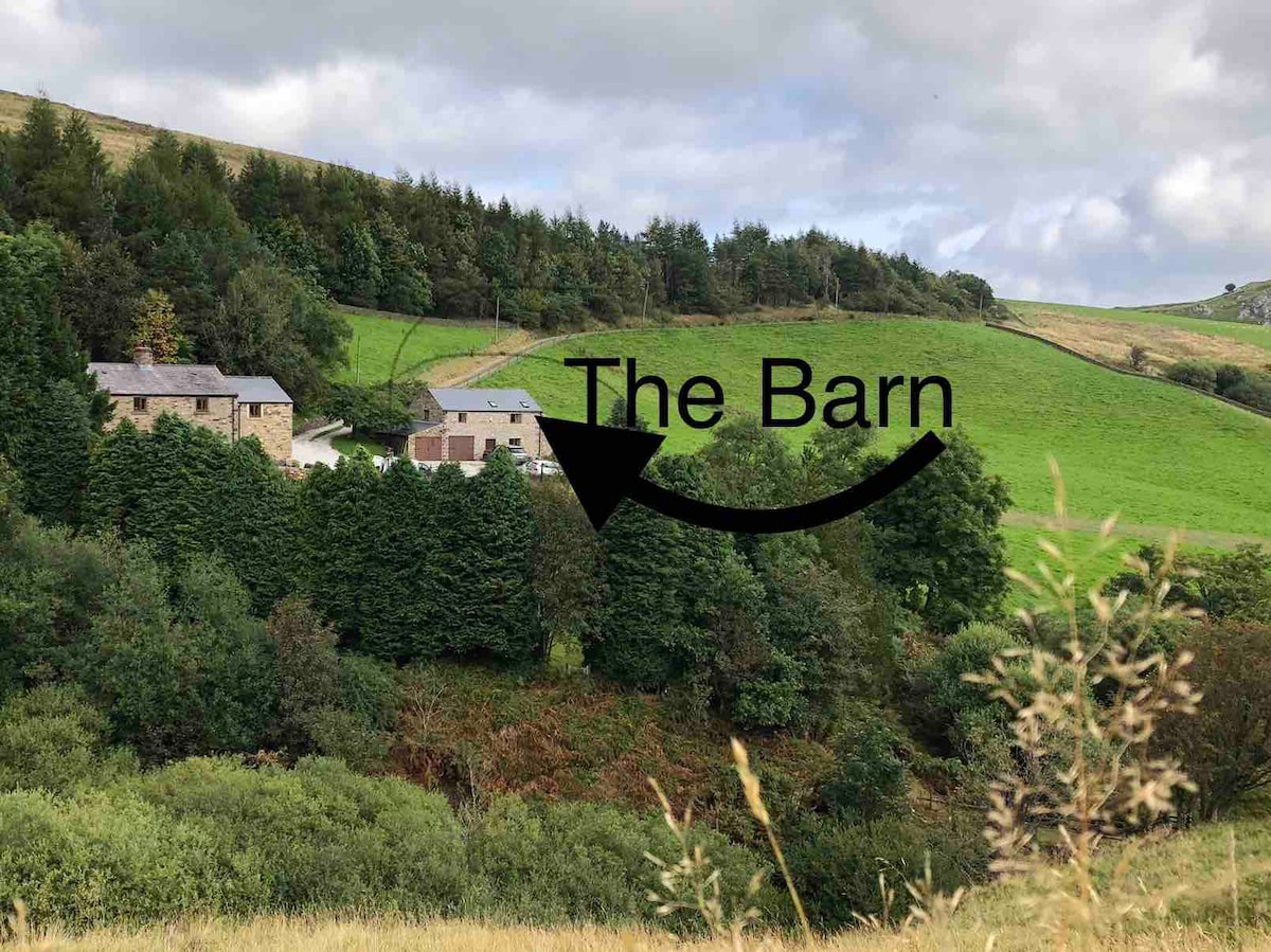 A scenic view of a green valley is displayed, showcasing the barn nestled among rolling hills and grazing sheep. The building appears surrounded by lush trees, with the distant hillside contributing to the tranquil rural atmosphere.