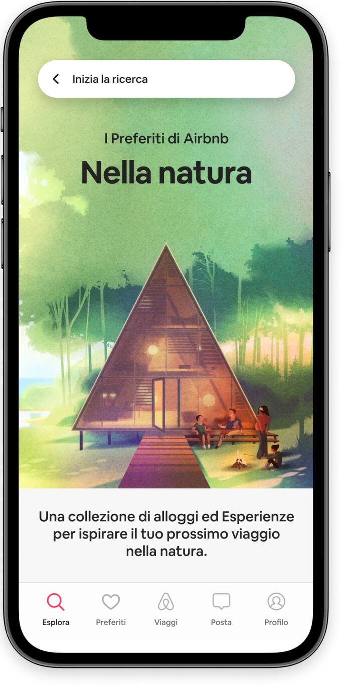 Schermata iniziale che evidenzia la collezione di preferiti dal tema "Nella natura" nell'app di Airbnb.