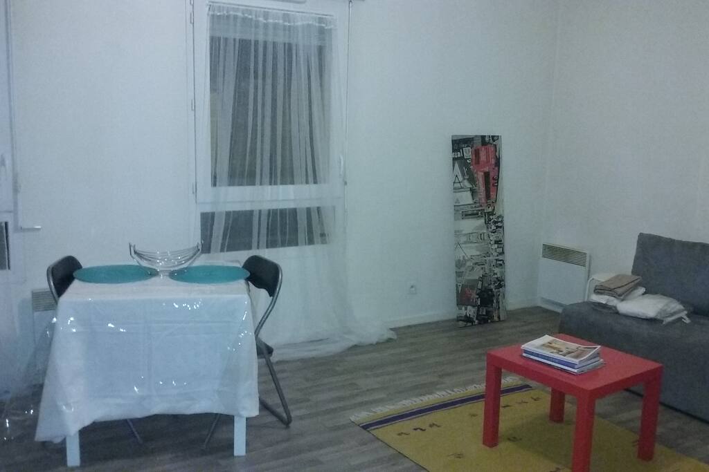 large room with convertible sofa, TV, and internet.