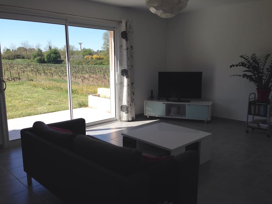 Salon avec vue sur les vignes