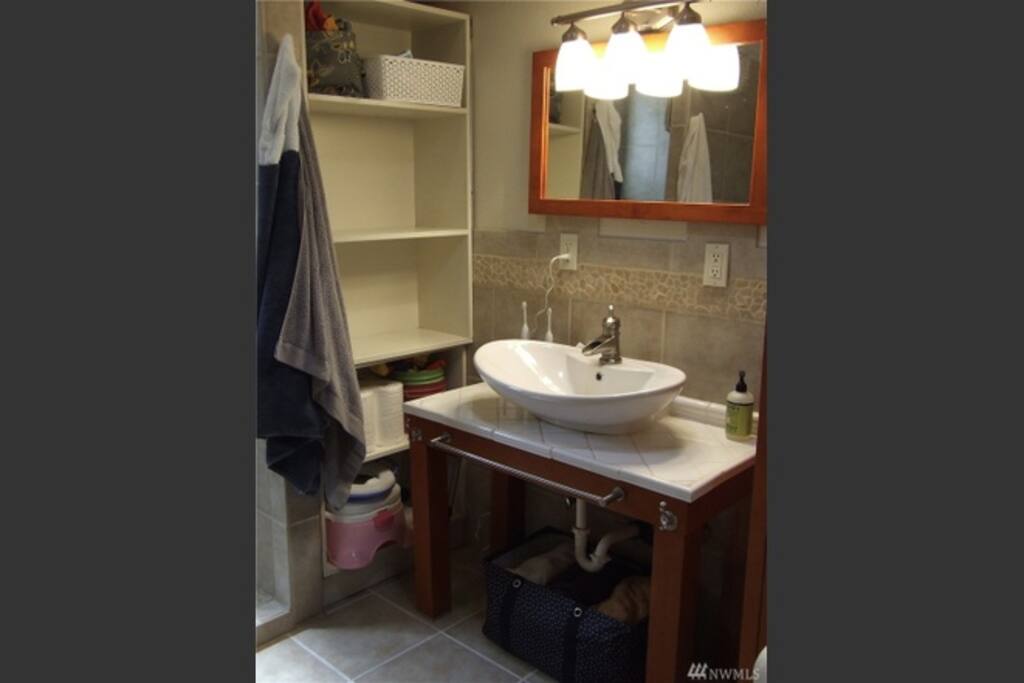 Modern, tiled bathroom