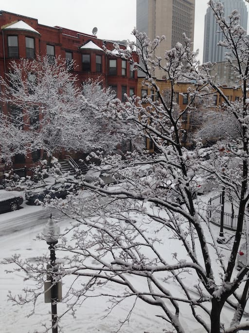 View from window in winter. Prudential Tower in background.