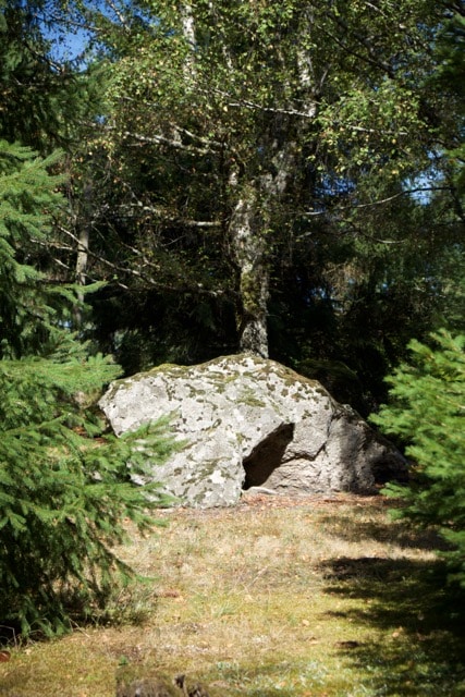 A large, moss-covered rock is situated in a wooded area, surrounded by lush green foliage. Sunlight filters through the trees, casting dappled shadows on the forest floor. The natural setting offers a peaceful ambiance, enhancing the sense of tranquility found in the environment.