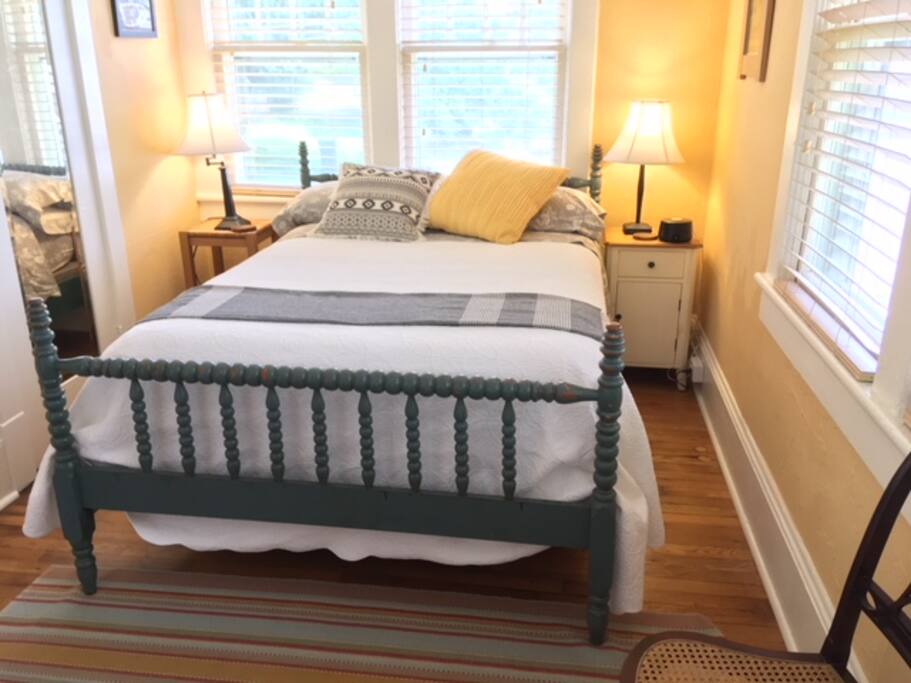 Bedroom #1 has reading lamps, a sound machine, and a ceiling fan with light.