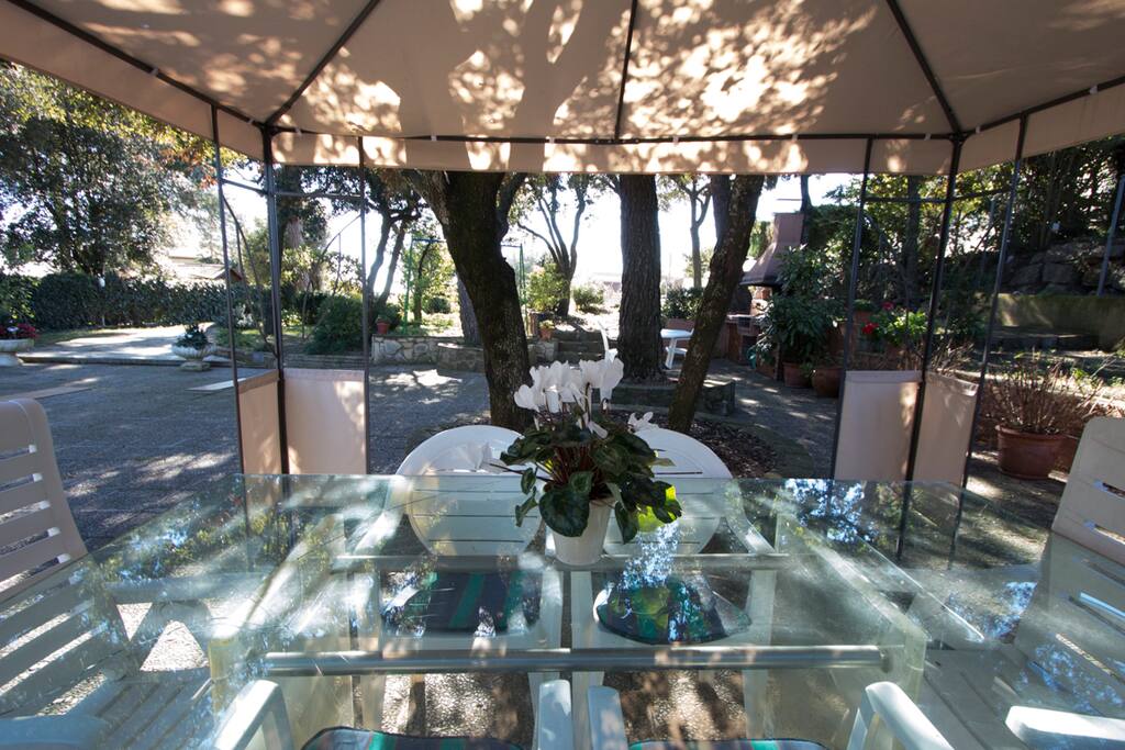 Shaded patio dining table