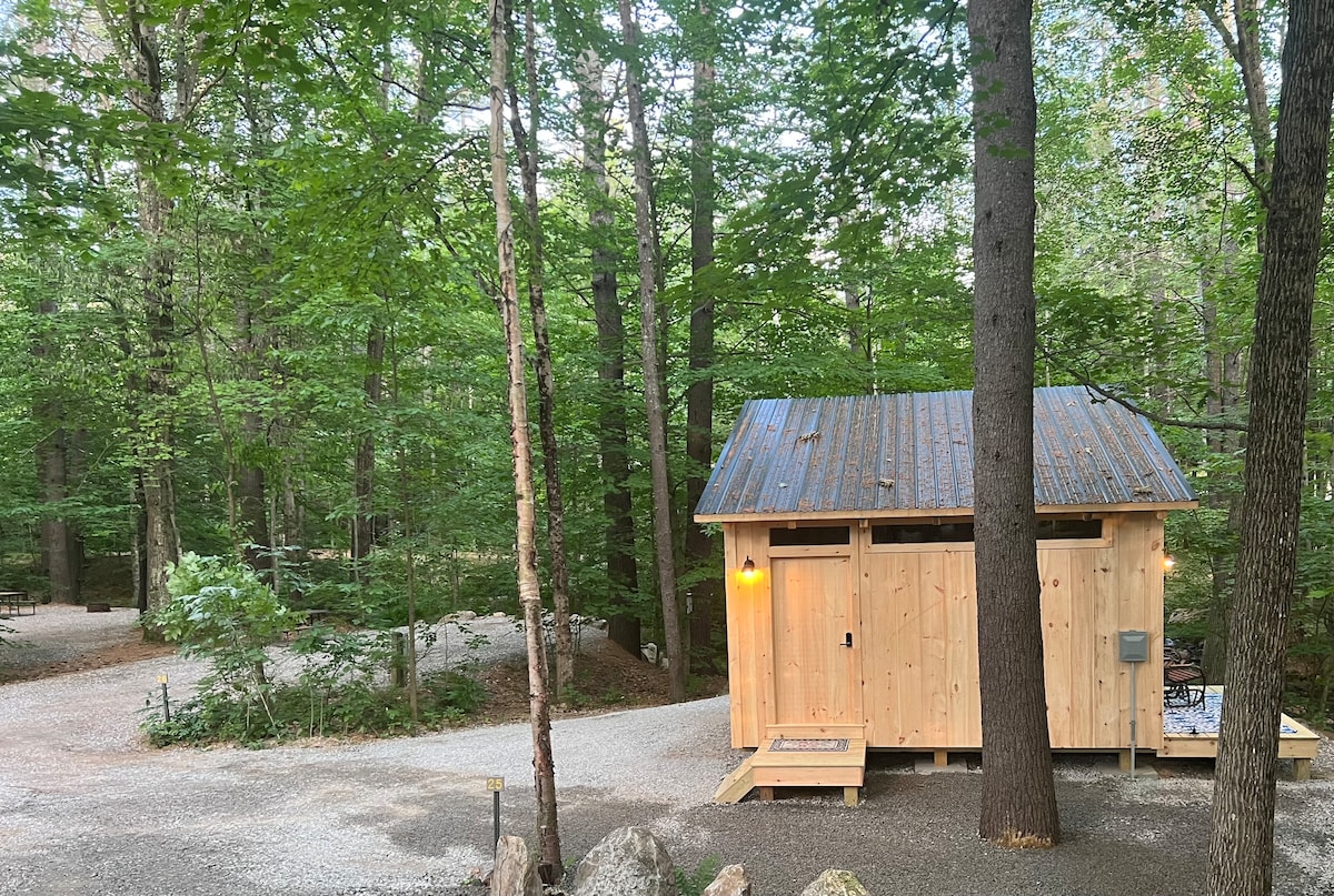 A charming timber frame cabin is nestled among tall trees in a lush green forest. The exterior features natural wood paneling and a metal roof. A gravel path leads to the entrance, surrounded by neatly arranged stones and greenery, providing a serene and private atmosphere.