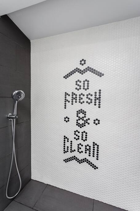 Custom mosaic wall Says it all -"So fresh so clean"