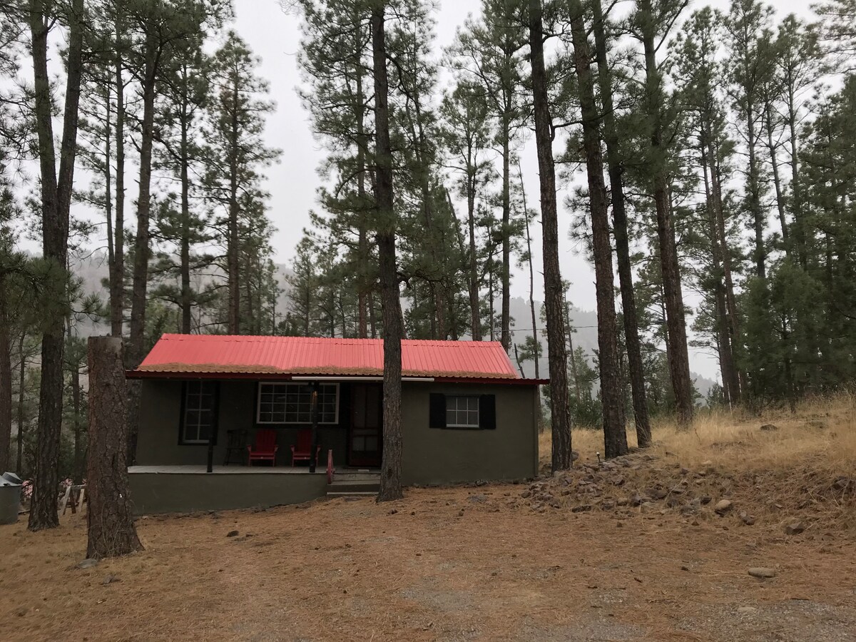 A rustic cabin with a red metal roof is set among tall pine trees. The structure features a welcoming porch with two red chairs, surrounded by a natural landscape of brown terrain and scattered rocks, contributing to a secluded atmosphere.