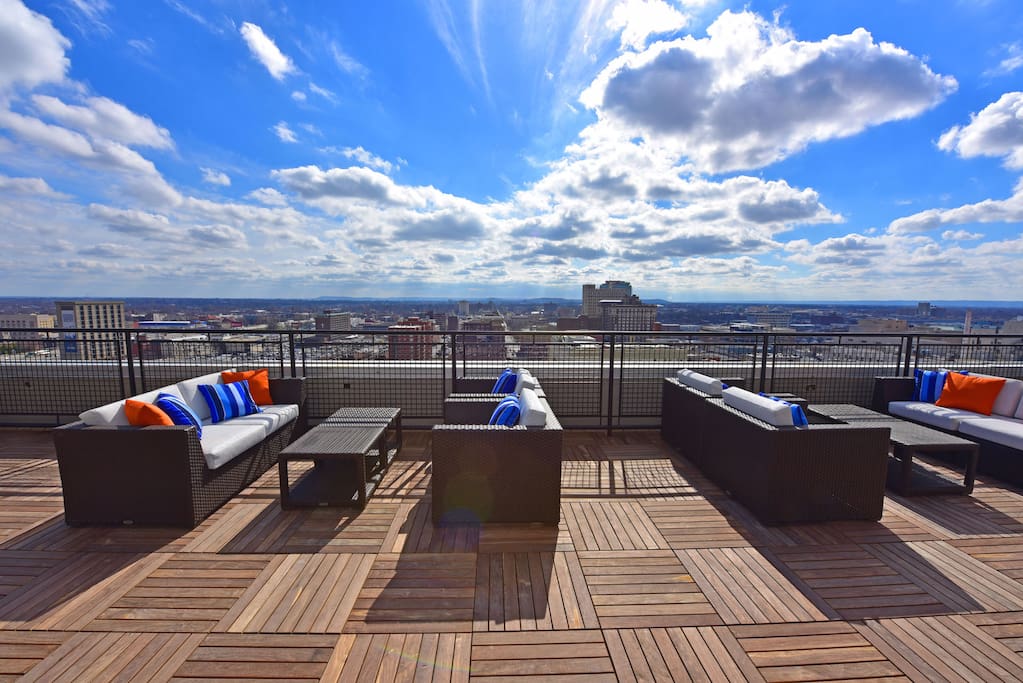 Views for days of downtown Louisville from the Rooftop Sundeck.