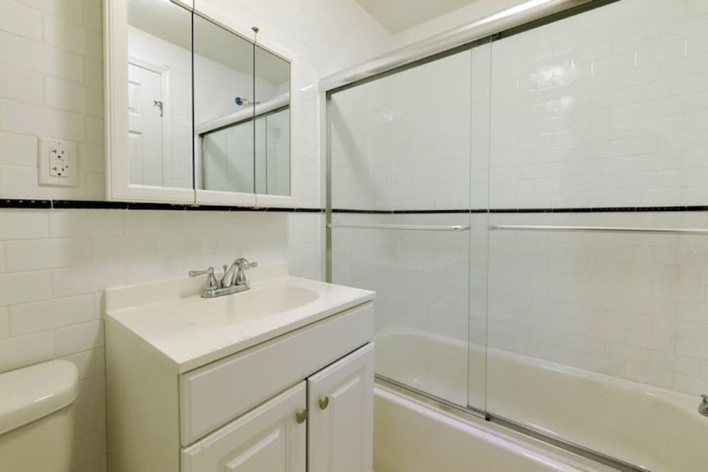 Our bathroom is pretty spacious. We like to keep it clean and versatile.