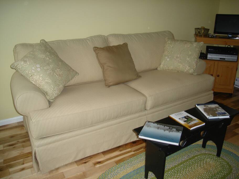 Hardwood floors in main area and bathroom